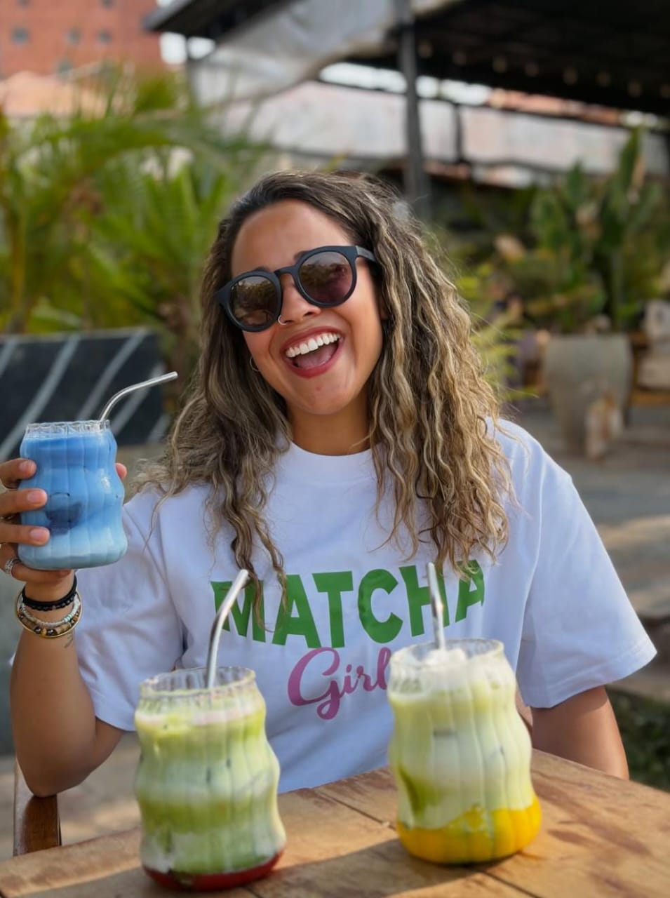 Guest enjoying colourful matcha drinks at Katina Kafé