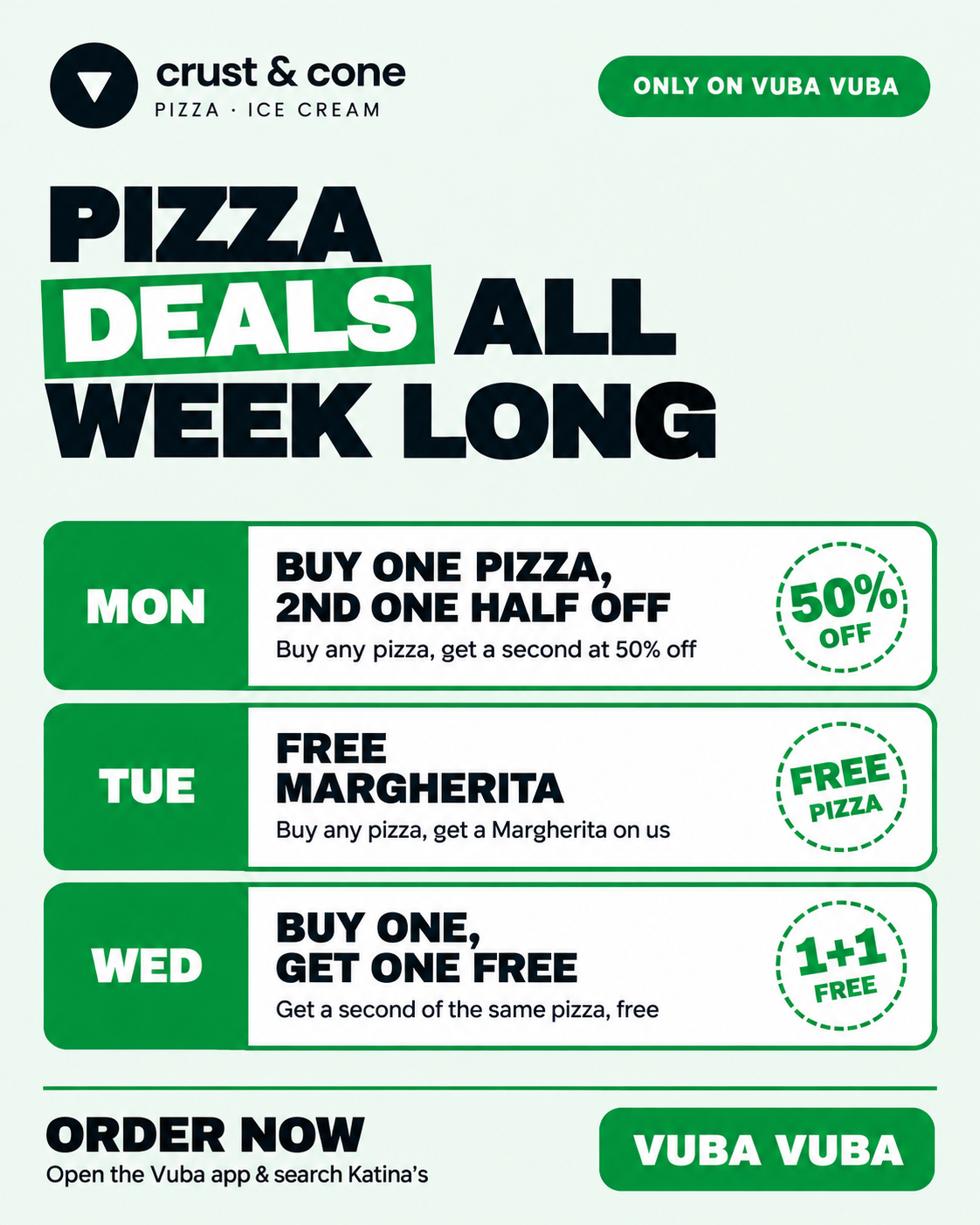 Crust & Cone pizza deals all week long on Vuba Vuba